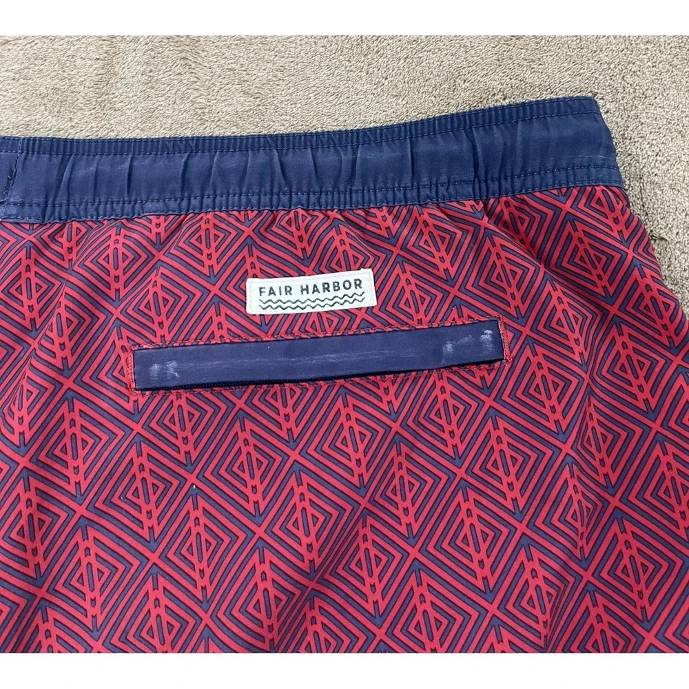 Fair Harbor Swim Trunks Shorts XL Red Geometric Pattern Recycled Polyester Blend